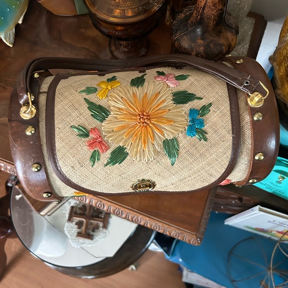 Vintage Floral Embroidered Raffia & Wooden Barrel Bag ~ Bags By Whidby Inc. - Picture 5 of 14